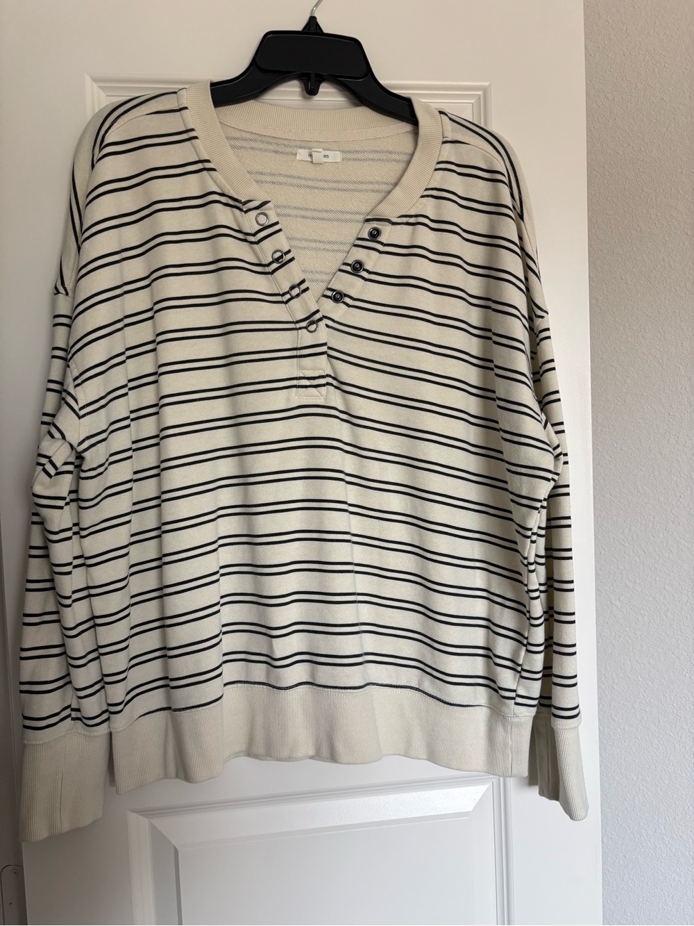 Women’s Cream Striped Henley Sweater - Casual Long Sleeve
